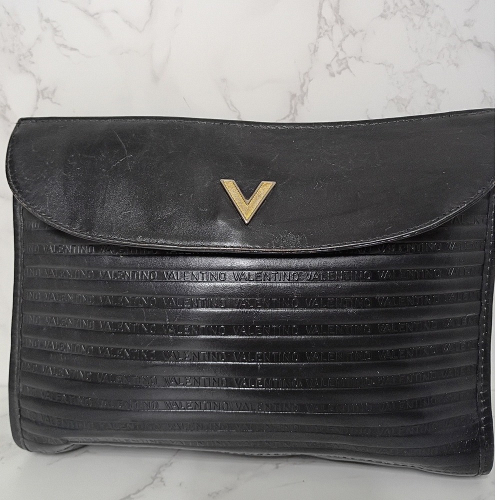 MARIO VALENTINO Vintage Black Embossed Leather Clutch Bag - EUC